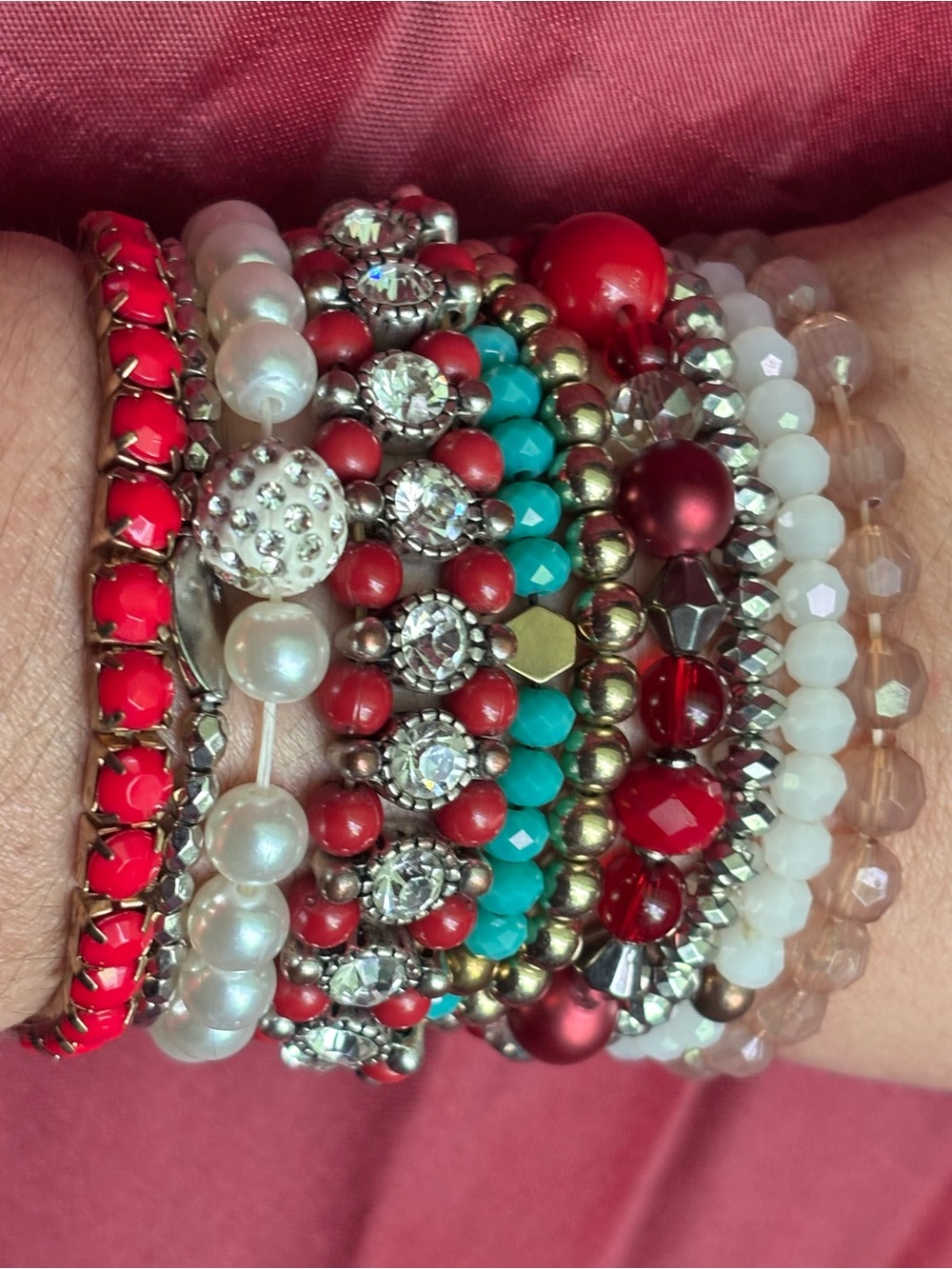 10pc bundle stretch Red Multi-Strand Beaded stretchy Bracelet Stack - Unbranded